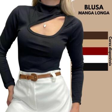 Imagem de Blusa Feminina Manga Longa Gola Alta Decote Recorte Tecido Canelado Fl