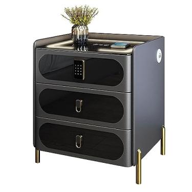 Imagem de Mesa de cabeceira moderna inteligente com 3 gavetas, luzes de LED ajustáveis e portas USB, armário de armazenamento de madeira maciça para quarto, sala de estar