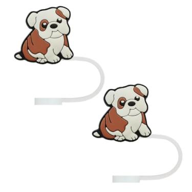 Imagem de STRACOUPI Capas de palha de silicone para cães buldogue marrom branco para copo Stanley, reutilizáveis, acessórios bonitos para copos, 2 peças de tampa de palha decorativa e personalizada (a)