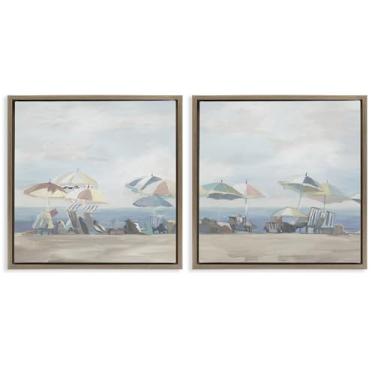 Imagem de Stupell Industries Conjunto de 2 peças de guarda-chuvas para dia de praia pálido com moldura marrom por Liz Jardine, 25 x 25