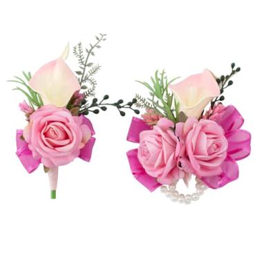 Imagem de Floinla Conjunto de corpete rosa macio e flor na lapela para formatura de casamento, pulseiras de corsage de flor de lírio de calla artificial, pulseira de baile, lapela para decoração de terno