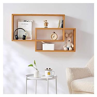 Imagem de 2 prateleiras flutuantes de interseção de cubos montadas na parede, estante de madeira maciça, suporte de CD para quartos e salas de estar (cor: Cereja)