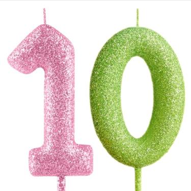 Imagem de Vela de aniversário de 10 anos, rosa, verde, brilhante, número 10, velas românticas, enfeite de bolo, decoração de feliz aniversário, para meninas, meninos, mulheres, comemorações, artigos de festa