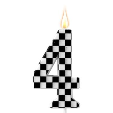 Imagem de Vela de aniversário temática de carros de corrida, com número de bandeira quadriculada, velas pretas e brancas, enfeite de bolo de feliz aniversário, decorações de festa para meninos, carros de