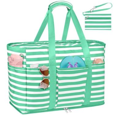Imagem de TEUEN Bolsa de praia grande com zíper, 12 bolsos, impermeável, à prova de areia, bolsa de praia feminina de malha para viagens de férias, Tecido de memória verde maçã, One Size