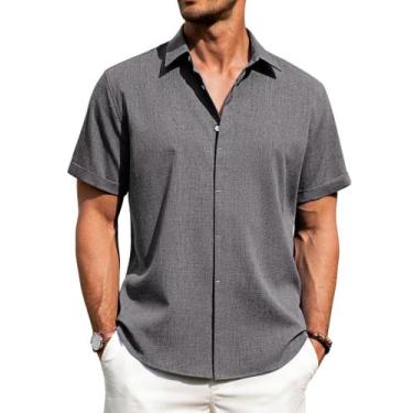 Imagem de Camisa masculina J.VER, linho, casual, manga curta, botão, cinza, azul