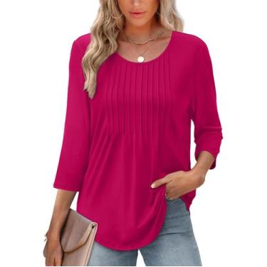 Imagem de Blusa feminina XIEERDUO, manga 3/4, plissada, gola redonda, rosa choqu