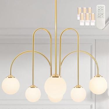 Imagem de Bagood Lustre Sputnik Dourado, Luminária De 6 Luzes, Estilo Moderno Meados Do Século, Com Cúpula Globo Vidro Leitoso 29,5" Regulagem Para Quarto (Lâmpada G9 E Controle Remoto Inclusos)