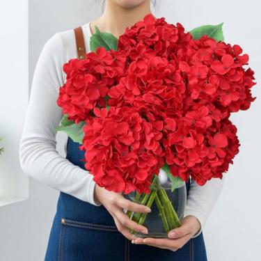 Imagem de VYZXZAF Hortênsia Vermelha de Seda Flores Artificiais com Haste, 6 peças de 50,8 cm Grande Flor Sintética Real Hortênsias Artificiais para Casa Mesa Buquê Guirlanda Festa de Natal Ao Ar Livre Interior
