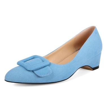 Imagem de Sapato social feminino Fericozt bico fino, salto baixo grosso, escarpim confortável com fivela, Azul, 39