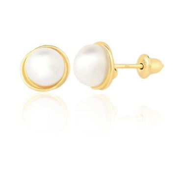 Imagem de Brinco Feminino Pérola 5mm Natural Ouro 18k 750 Rococó Adulto - Gift P