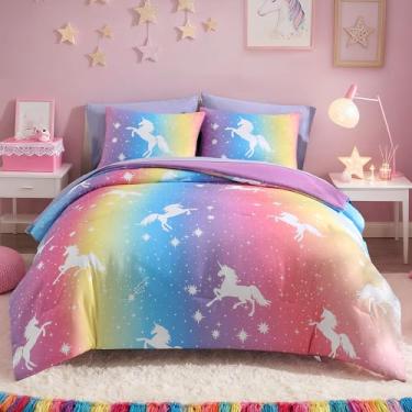 Imagem de Kaleido Space Conjunto de edredom solteiro para meninas, crianças, 5 peças, com estampa de unicórnio arco-íris, para meninas e adolescentes, cama macia e aconchegante em uma bolsa com lençol