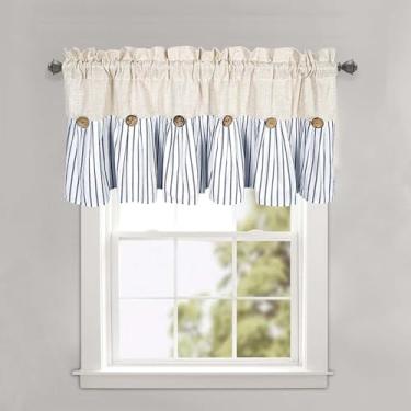 Imagem de DOSLY IDÉES Saia rústica de algodão Farmhouse, design plissado listrado azul marinho com botões de coco, tratamento de janela para vários cômodos para cozinha, sala de estar, quarto, 132 x 45 cm