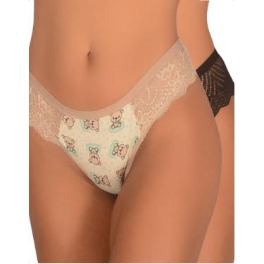 Imagem de Kit 2 Calcinha Estampada Fio Dental Renda Lateral Conforto Elegante Mo