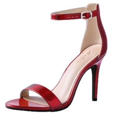 Imagem de Ankis Sandálias de salto alto femininas de 10 cm, salto agulha preto nude dourado, bico aberto, tira no tornozelo, sandálias de salto para festas de casamento elegantes, Pat vermelho, 35