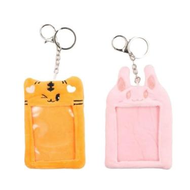 Imagem de GUEDKIKL 2 peças de capa de cartão de animal de pelúcia com chaveiro, capa de cartão de pelúcia de desenho animado, suporte de armazenamento de cartão de identificação, bolsa de exibição de fotos