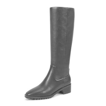Imagem de ISNOM Botas de equitação femininas cano alto quadradas, bico amêndoa, salto baixo, grosso, com zíper lateral, Preto, 39