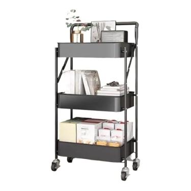 Imagem de Carrinho Organizador Multiuso Com 3 Prateleiras E Rodinhas, DobráVel, Para Cozinha, Banheiro E Lavanderia(PRETO COM CABO)
