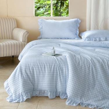 Imagem de NSNLGSGC Conjunto de edredom solteiro com babados azul-claro, xadrez, pré-lavado, xadrez, 2 peças, vintage, estilo fazenda (azul guingão, solteiro)