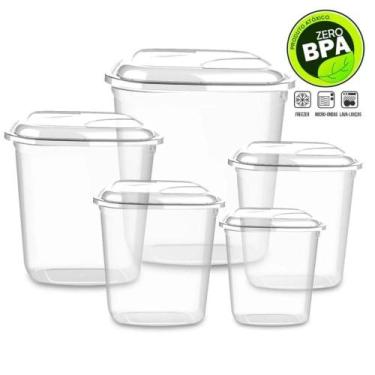 Imagem de Jogo Kit de 5 Potes Quadrado Transparente Arroz, Feijão, Açúcar, Café 