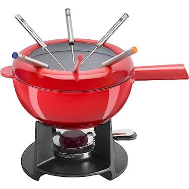Imagem de Zwilling Conjunto de fondue 40201-002 - Panela de ferro fundido de esmalte cereja, conjunto de fondue suíço para queijo derretido, 6 garfos de aço inoxidável, panela de derretimento de chocolate
