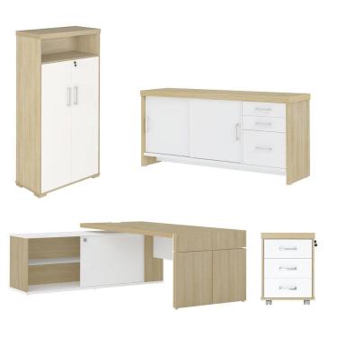 Imagem de Conjunto Escritório Home Office 4 Peças Mesa Diretor Corp A06 Carvalho/Branco - Mpozenato