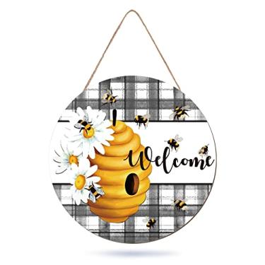 Imagem de Whaline Placa de madeira para pendurar abelha, placa de boas-vindas para decoração de porta da frente, xadrez rústico e margarida, placa de madeira de boas-vindas para primavera, verão, dia mundial da abelha, escritório, cafeteria, janela de