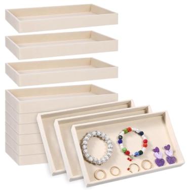 Imagem de MBAIYO Pacote com 12 bandejas de joias de veludo, gavetas empilháveis de joias de 21 x 12,7 x 2,5 cm, bandejas de armazenamento para exibição de contas, pulseiras, colares, anéis e brincos (bege)