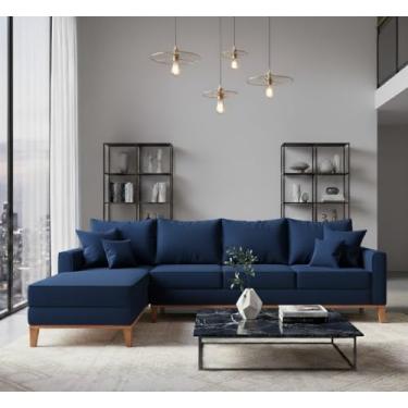 Imagem de Sofá Beny com Chaise Esquerda, 1,40x2,60m, 4 Lugares, Linho, Base em Madeira. (Azul Marinho)