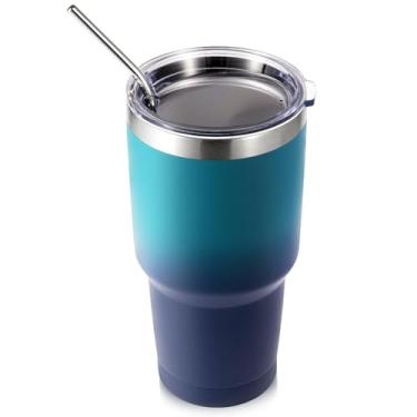 Imagem de Volhoply Caneca isolante de 900 ml com tampa e canudo, caneca de café de viagem de parede dupla para bebidas quentes/frias, cabe no porta-copos de carro, sem BPA (preto noturno, 1