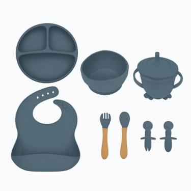 Imagem de Kit Introdução Alimentar Bebê 8 Peças de Silicone e Sem Pontas para Iniciação de Alimentos Livre de BPA Atóxico - Colher, Garfo, Copinho, Pote e Pratinho - Linha Premium (Azul)