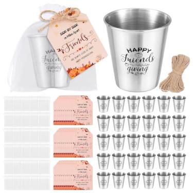 Imagem de Conjunto de 30 copos de shot Happy Friendsgiving inclui copos de aço inoxidável de 67 g, etiquetas de agradecimento, sacos de organza e corda de juta, presente de Ação de Graças suprimentos de festa