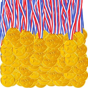 Imagem de Hoarost 150 peças de medalhas de prêmio vencedor de plástico dourado com fita de pescoço estilo olímpico vencedor prêmios Gymnastics Field Day Awards for Sports Competitions Cheer Participation Trophy