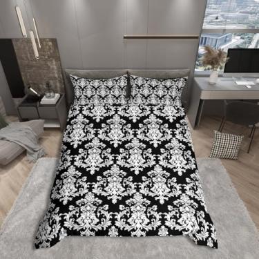 Imagem de Conjunto de capa de edredom vintage branco preto tamanho casal, boêmio vitoriano barroco floral reversível com 2 fronhas, conjunto de cama respirável com estampa de renda damasco gótico (sem edredom