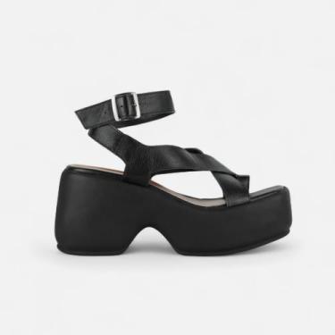 Imagem de Sandália Feminina Cami Plataforma em Couro legítimo Preto com Salto Al