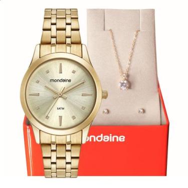 Imagem de Relógio Feminino Mondaine Dourado Pequeno 32611LPMKDE1K1 + Colar e Bri