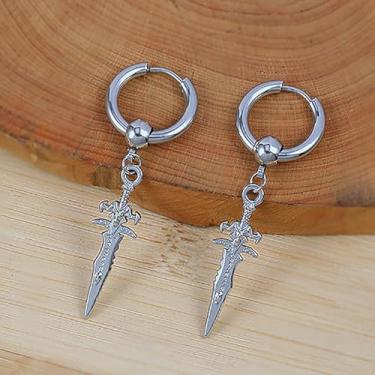 Imagem de Brincos de argola pequenos com pingente de gota de espada para mulheres e homens, banhado a prata, aço inoxidável, gravação, adaga, Halloween, berloques, argolas, punk, vintage, joia de oração punk