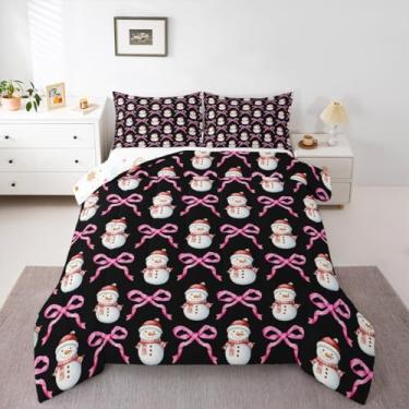Imagem de Feelyou Conjunto de edredom de Natal preto para crianças, fofo, boneco de neve, para meninos e meninas, adolescentes, kawaii, rosa, laço e férias de inverno, edredom para decoração de quarto