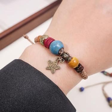 Imagem de Pentagrama Moda Étnica Pulseira de Contas de Cerâmica Requintadas Contas Tecidas Pulseira Feminina Ajustável Jóia, One Size, Cerâmica, Sem Pedra Preciosa
