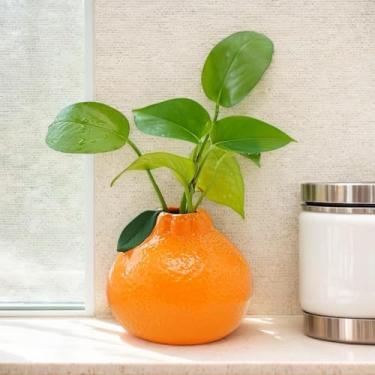 Imagem de Vaso laranja com folhas verdes, lindo vaso hidropônico em forma de tangerina pequeno vaso de flores laranja para sala de estar, estante de livros, decoração de casa de escritório (9 cm x 8 cm)