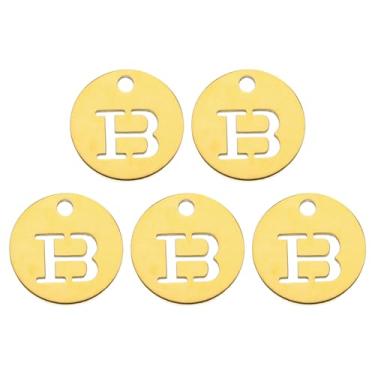 Imagem de Berloque com letra do alfabeto B 12 mm (1/5.1 cm) pingente redondo do alfabeto em aço inoxidável dourado para pingente, fabricação de joias DIY, pacote com 5