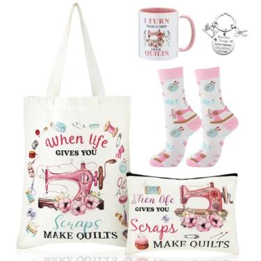 Imagem de Abbylike 5 peças de presentes de costura para mulheres costureiras, bolsa de lona, bolsa de cosméticos, acolchoada, caneca de café, meias de 325 ml, chaveiro, presentes engraçados para mães e amantes