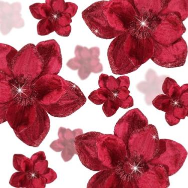 Imagem de Norme 15 peças de flores de magnólia de Natal de veludo em 3 tamanhos, flor artificial com glitter, enfeite de árvore de Natal com haste para decoração de casamento (bordô)