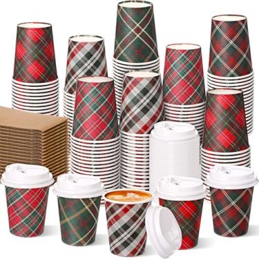 Imagem de Cunhill Conjunto de 100 xícaras de café descartáveis de Natal de 255 g com tampas e mangas em papel espesso durável para chocolate quente, cacau, bebidas frias, suprimentos de festa de Natal (clássico