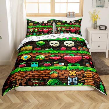 Imagem de Jogo de capa de edredom de videogame, tamanho casal, jogo de cama colorido com tema pixelado, 3 peças para decoração de quarto de crianças, meninos, adolescentes, homens, capa de edredom com bloco de