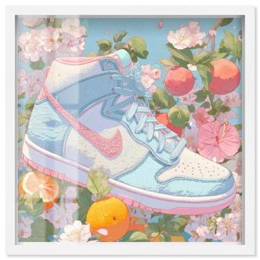 Imagem de Tênis Lost Floral and Fruits II Shadowbox Print Pink Fashion Art por Art Remedy, moldura branca, 61 x 61 cm