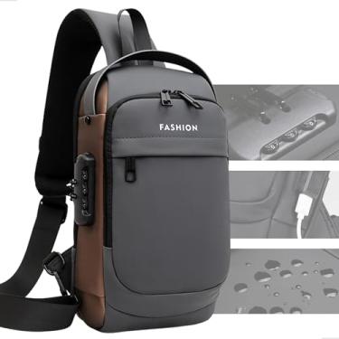 Imagem de Mochila Tiracolo Transversal Sling Bag Unissex Impermeável com Porta USB e Trava Anti‑Furto Pochete (Cinza com Dourado)