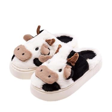 Imagem de Pantufas de vaca para mulheres e homens – com sola espessa de pelúcia macia antiderrapante para casa, sapatos de plataforma felpudos quentes de inverno com espuma viscoelástica confortável, preto