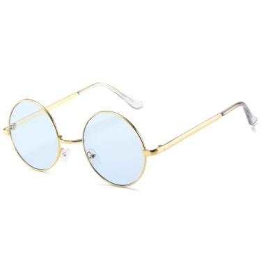 Imagem de JRLLFD Óculos de sol retrô luxuosos com armação redonda, moda feminina e masculina, proteção UV400 para dirigir ao ar livre (dourado e azul)
