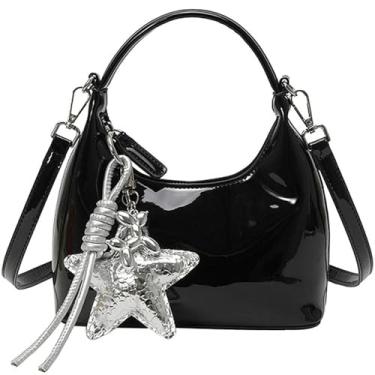 Imagem de Maycred Y2K Bolsa feminina de ombro de couro envernizado brilhante com acessórios para pendurar em estrela, bolsa crescente, bolsas transversais, Preto brilhante